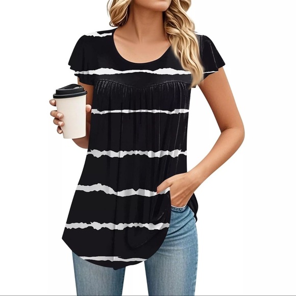 Women’s Black & White Striped Short Sleeve Blouse Top - Picture 5 of 6